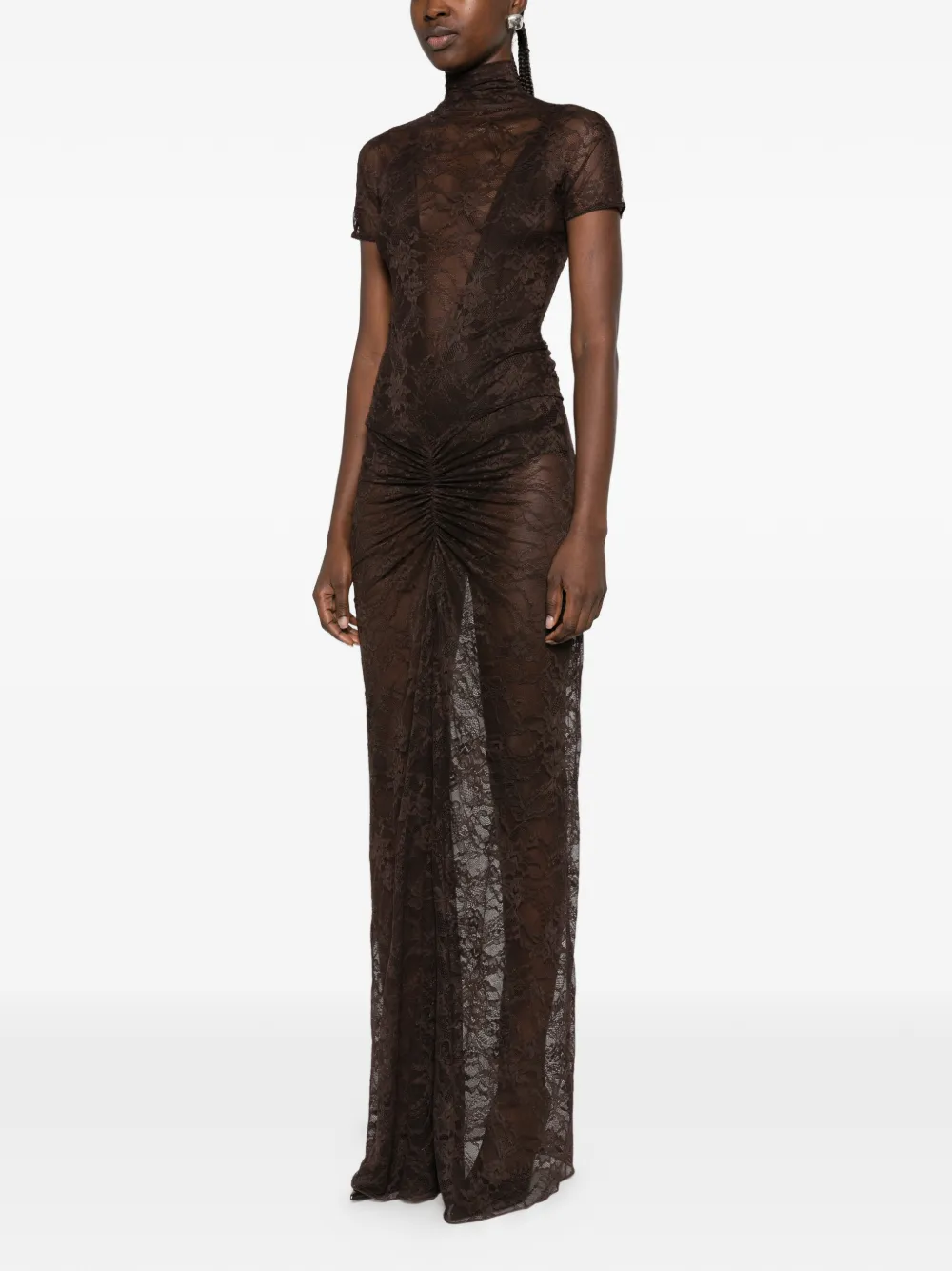 THE ANDAMANE Palma lace ruched gown maxi dress Bruin