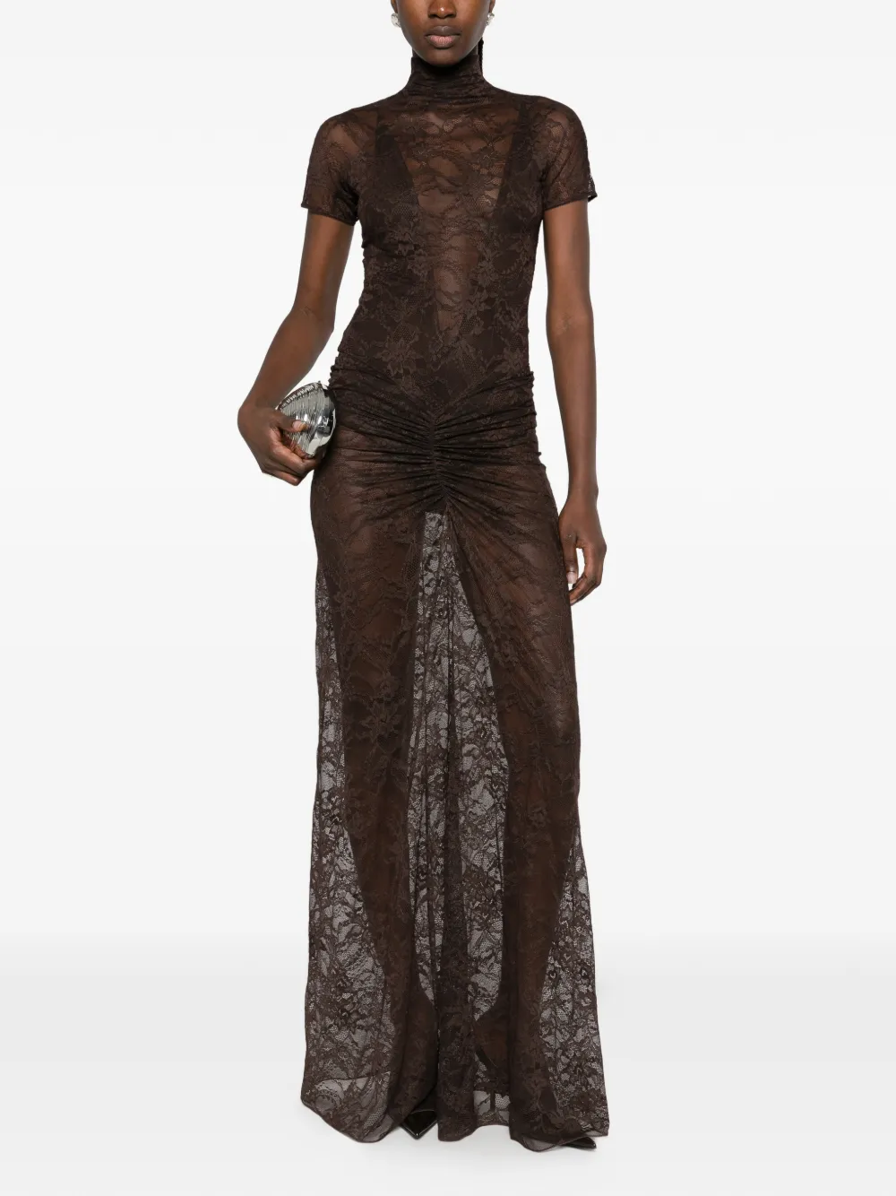 THE ANDAMANE Palma lace ruched gown maxi dress Bruin