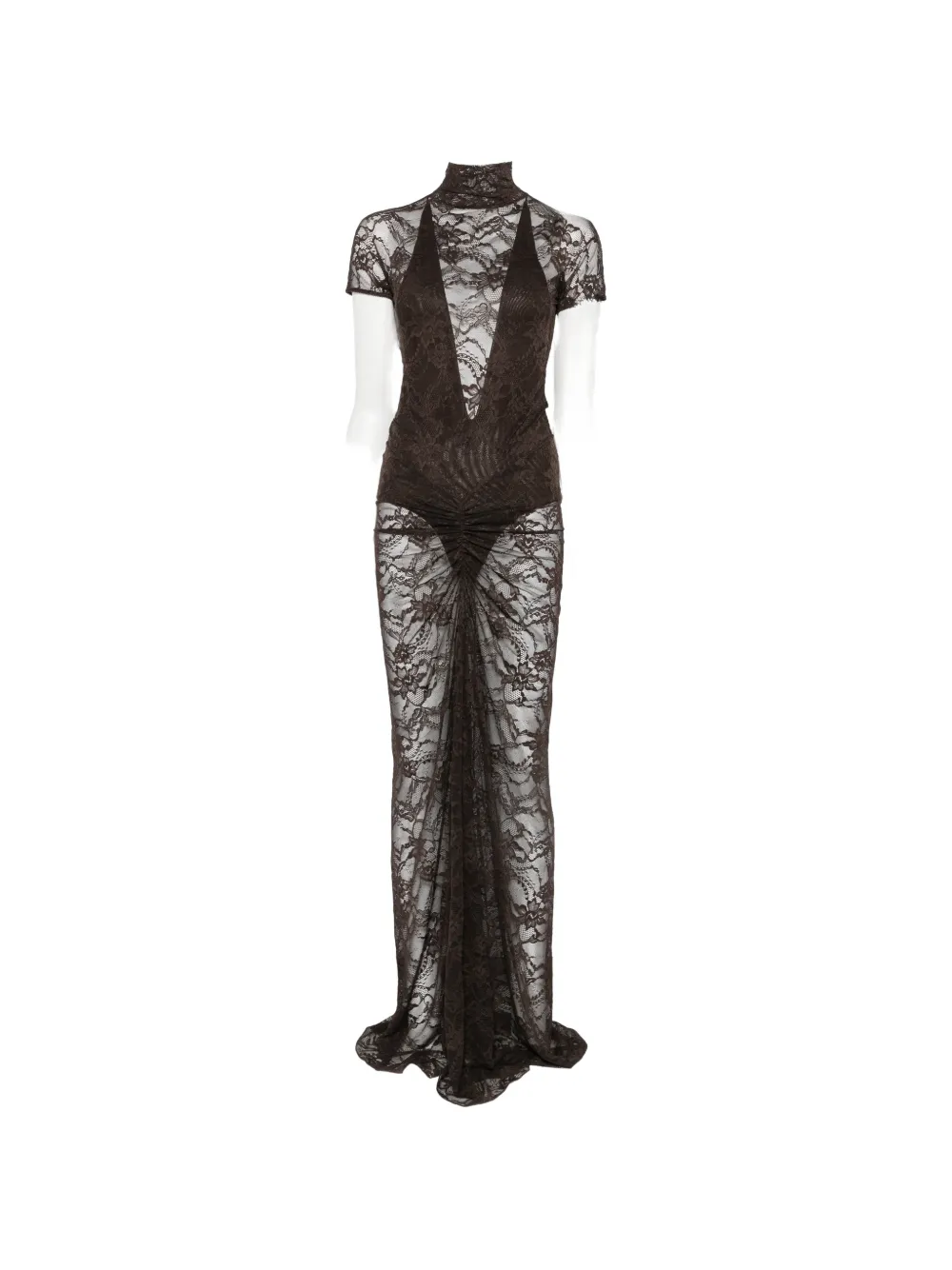 THE ANDAMANE Palma lace ruched gown maxi dress Bruin