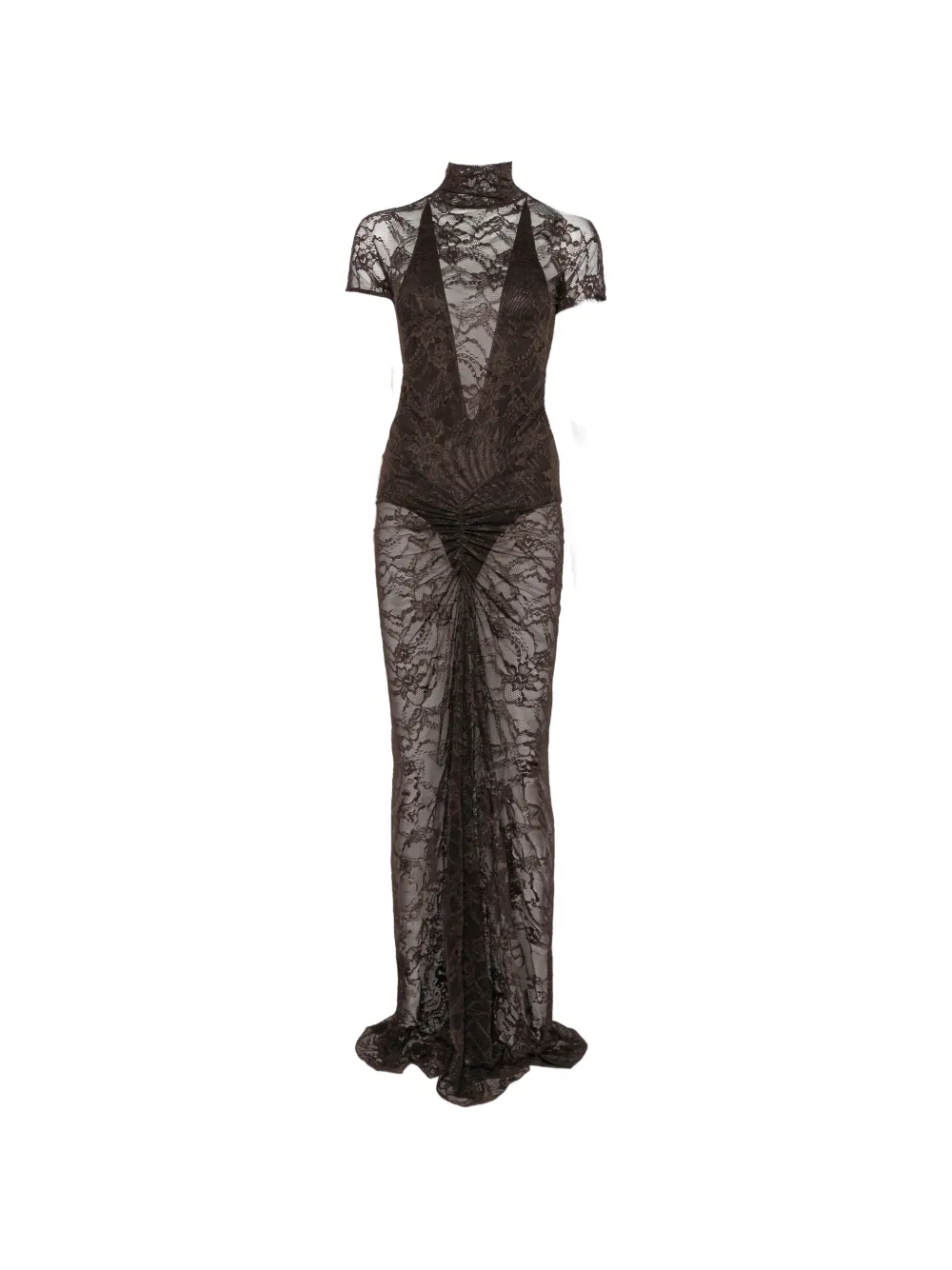 THE ANDAMANE Palma lace ruched gown maxi dress Bruin