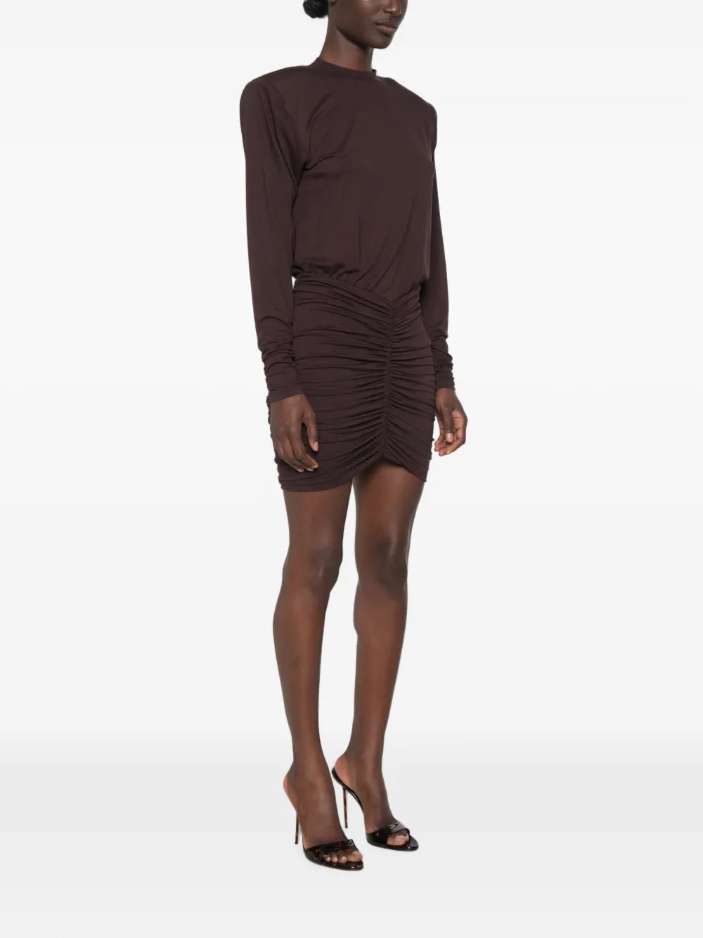 THE ANDAMANE Lennox gewatteerde mini-jurk met ruches Bruin