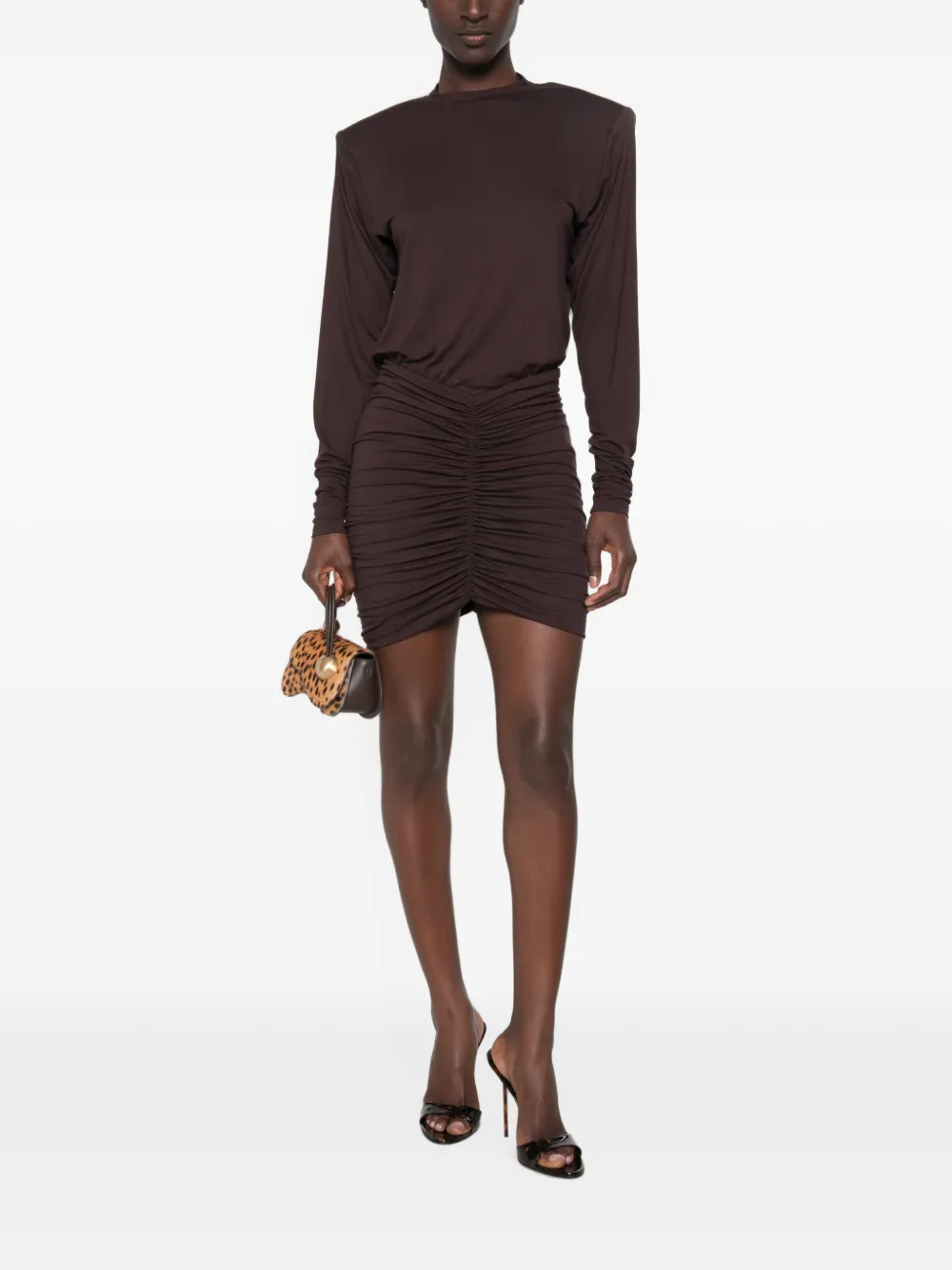 THE ANDAMANE Lennox gewatteerde mini-jurk met ruches Bruin