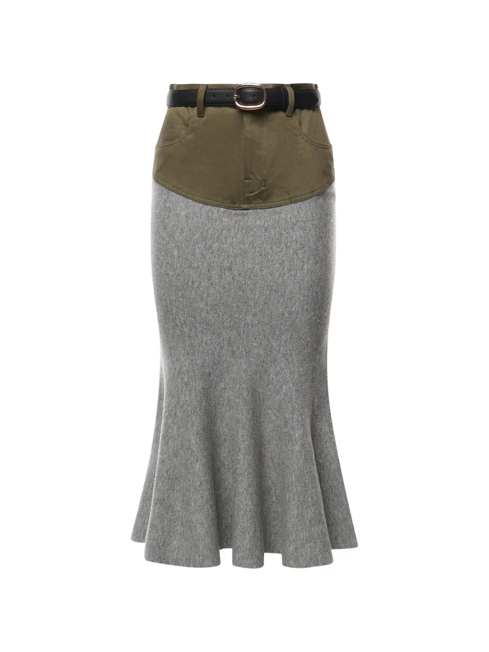 Self-Portrait grey knit-khaki denim-insert midi skirt - Grigio