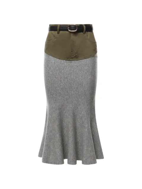 Self-Portrait grey knit-khaki denim-insert midi skirt