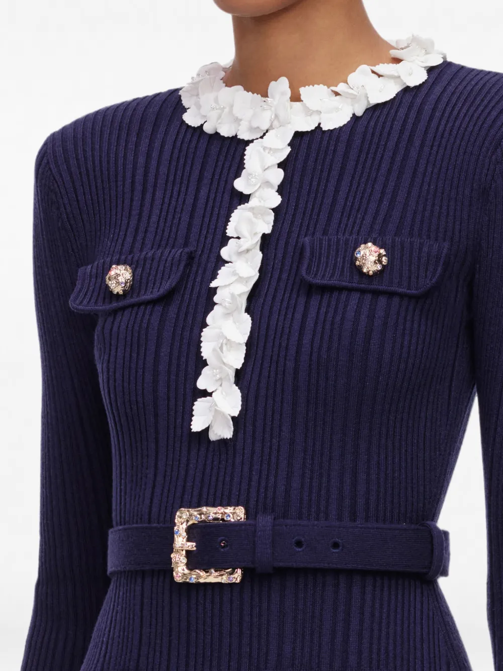 Self-Portrait Ribgebreide mini-jurk met marineblauwe bloemen