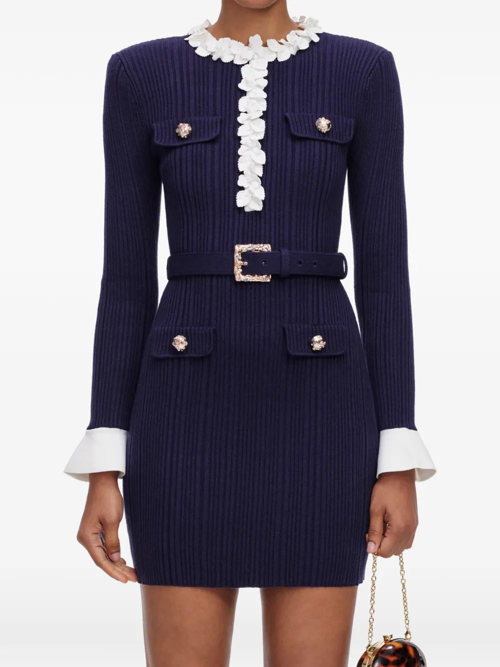 Self-Portrait navy flower rib knit mini dress - Blue