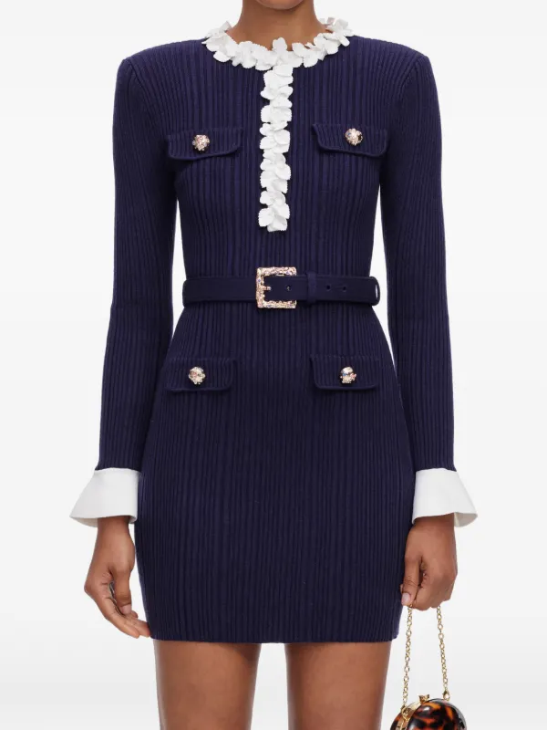 self-portrait buttoned knit mini dress - Navy Flower Rib self portrait black dress long sleeve
