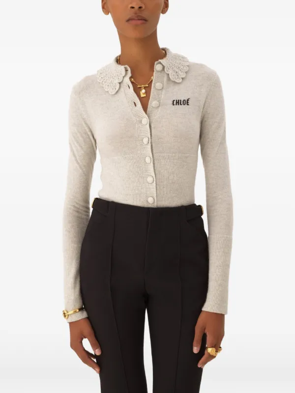 Chloé crochet-collar logo-embroidered Cardigan | Grey | FARFETCH