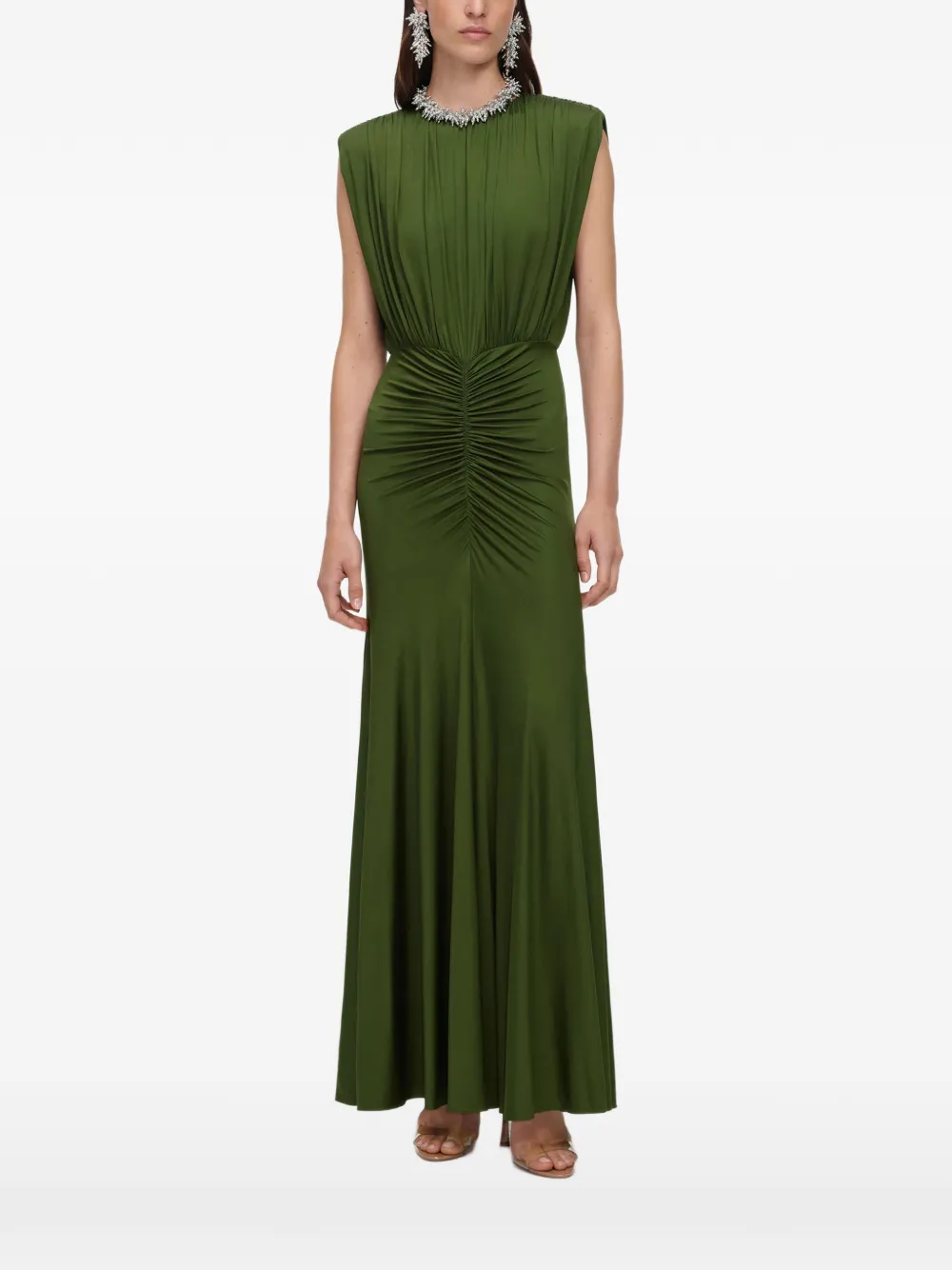 Self-Portrait olive jersey gathered maxi dress - Green
