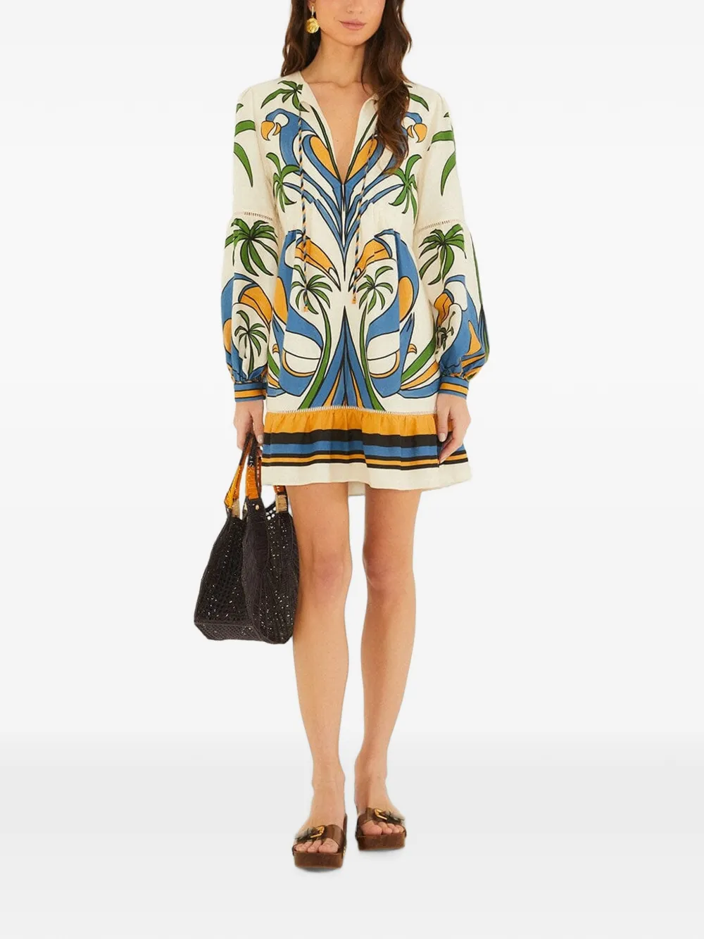 FARM Rio sand tropical graphic lace ruffled mini dress - Nude