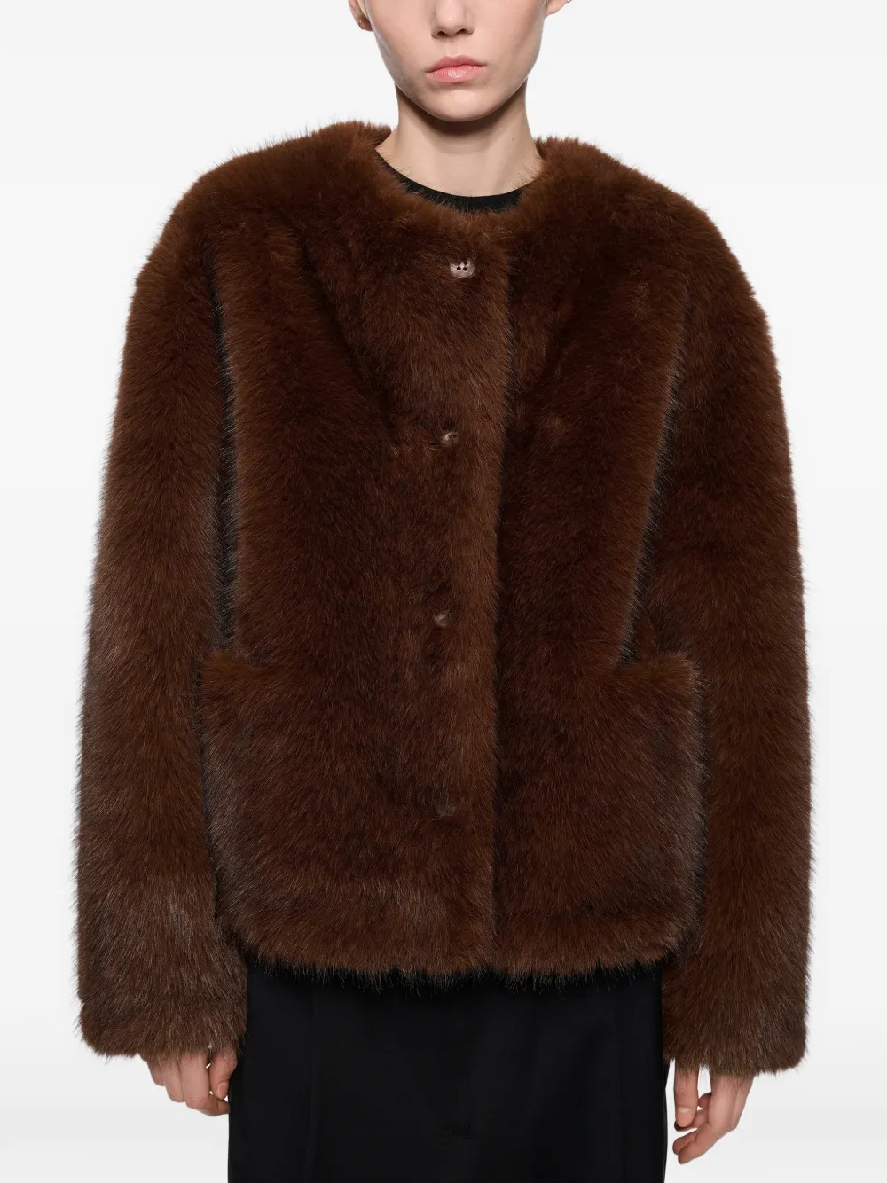 STAND STUDIO Siena faux-fur collarless jacket Bruin