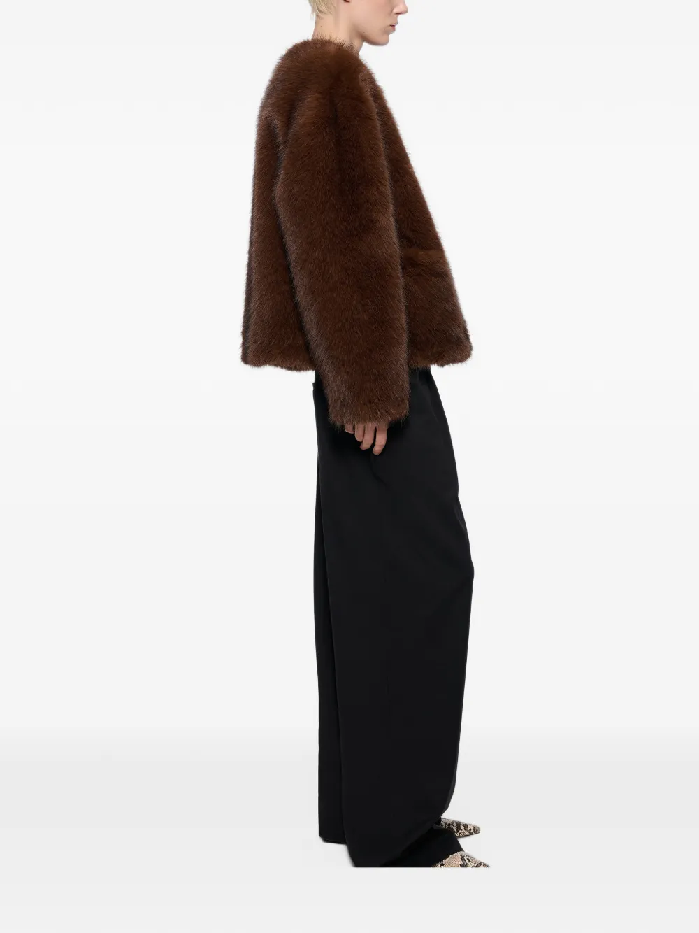 STAND STUDIO Siena faux-fur collarless jacket Bruin