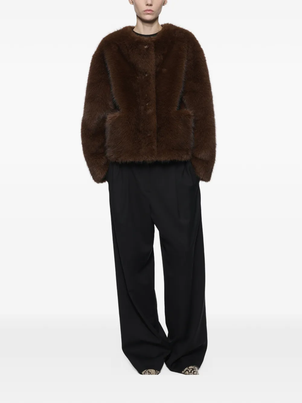 STAND STUDIO Siena faux-fur collarless jacket Bruin