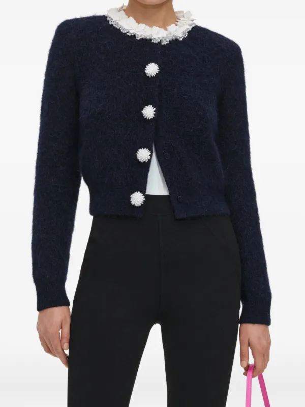 Self-Portrait Navy Flower Pearl-trim Knit Jumper in Blue