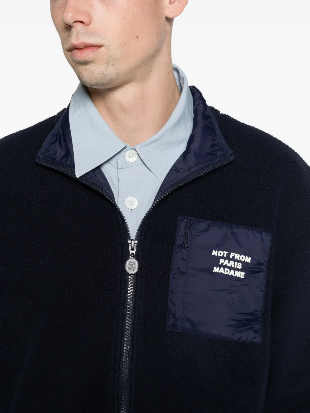 Drôle De Monsieur slogan sherpa zip-up jacket Blauw