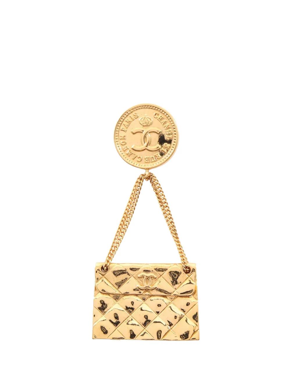 CHANEL Pre-Owned 1980-1990 CC Gold Plated Quilted Bag Brooch costume brooch