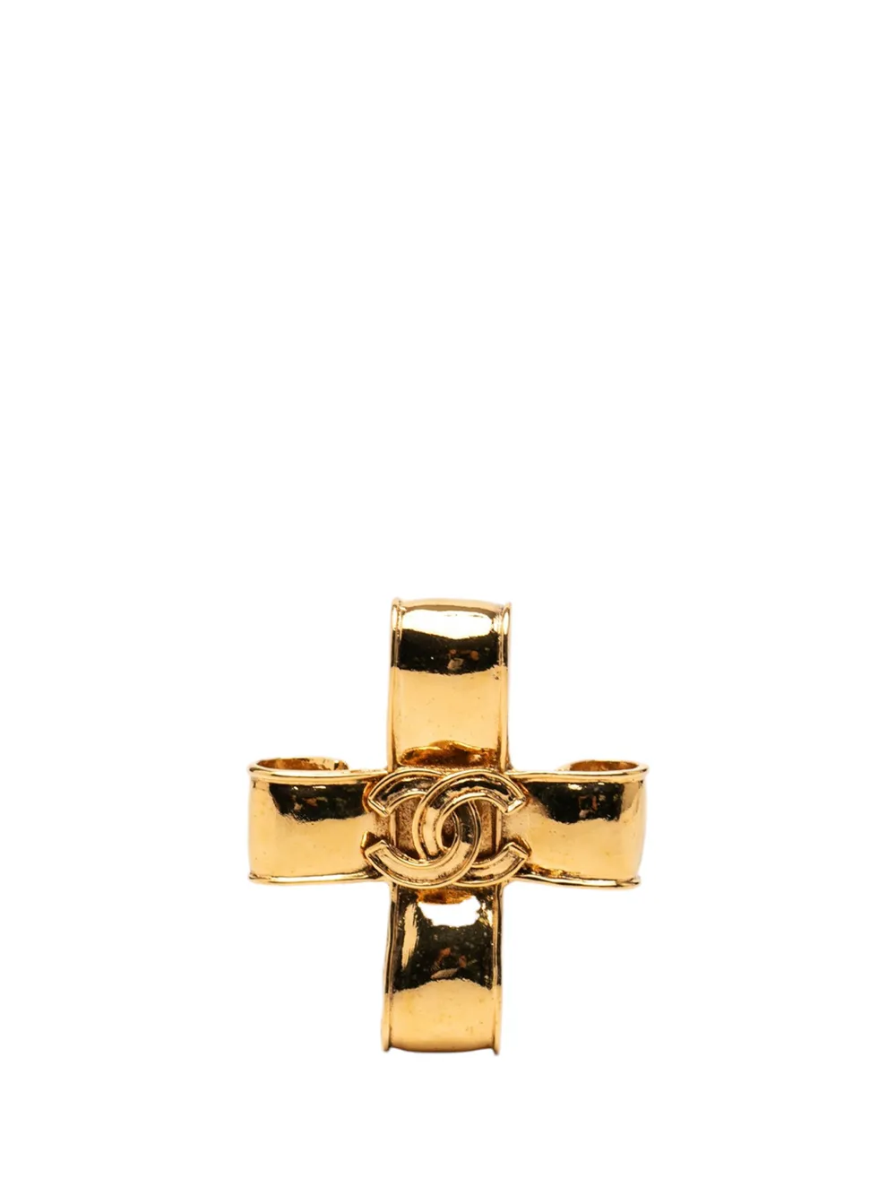 CHANEL Pre-Owned 1994 CC Gold Plated Ribbon Cross Brooch costume brooch