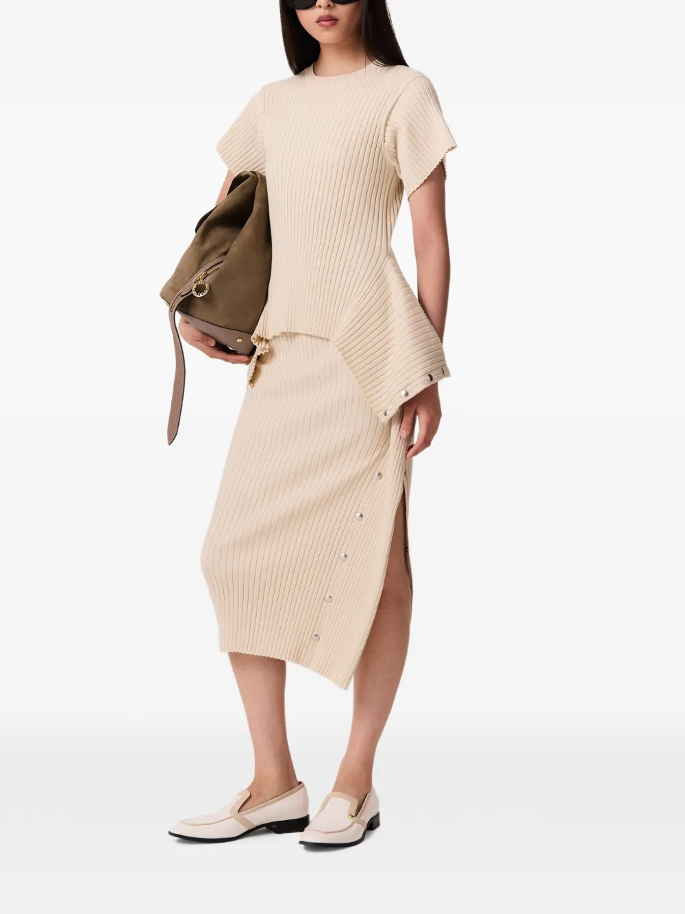 Stella McCartney Ribgebreide midi-rok met drukknopen Beige