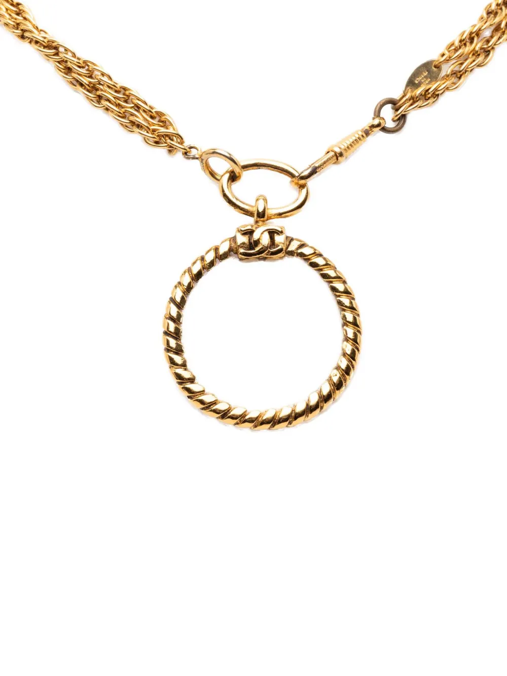 CHANEL Pre-Owned 1983 CC Gold Plated Double Chain Loupe Magnifying Glass Pendant Necklace costume necklace - Oro