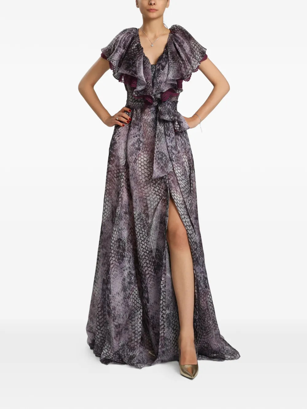 MIAU by Clara Rotescu Soren snakeskin-print ruffled maxi dress