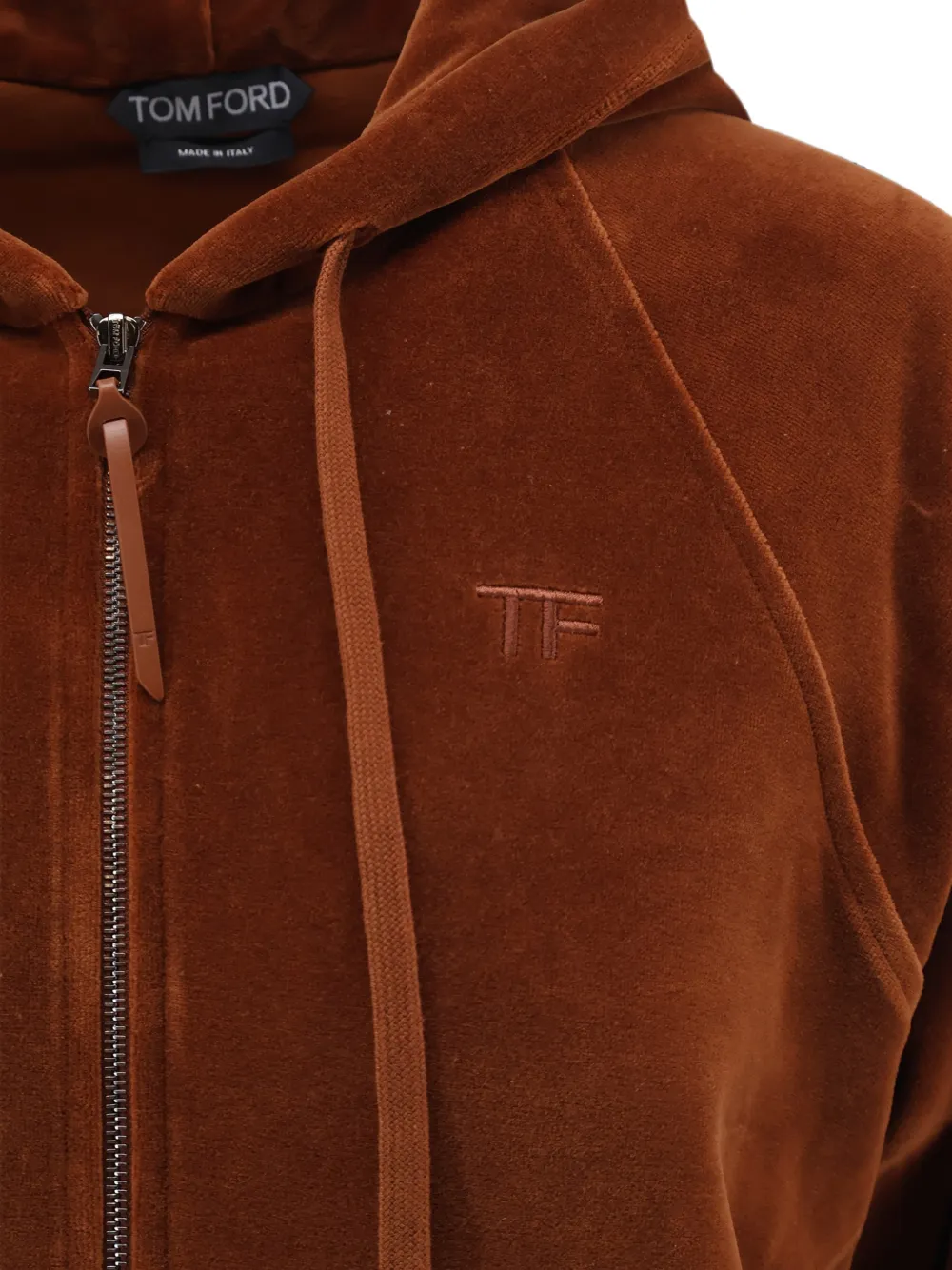 TOM FORD Stretch katoenen fluwelen hoodie met TF-borduurwerk en logo Bruin
