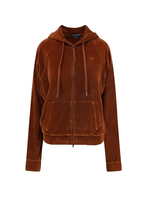 TOM FORD stretch cotton velour zip hoodie with tonal TF embroidered logo