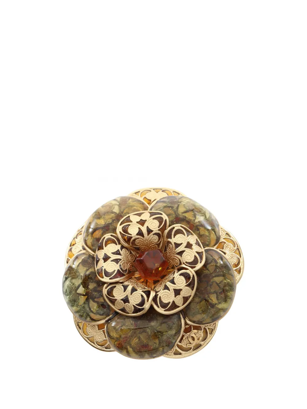 CHANEL Pre-Owned 2001 CC Gold Plated Gripoix Camellia Brooch costume brooch