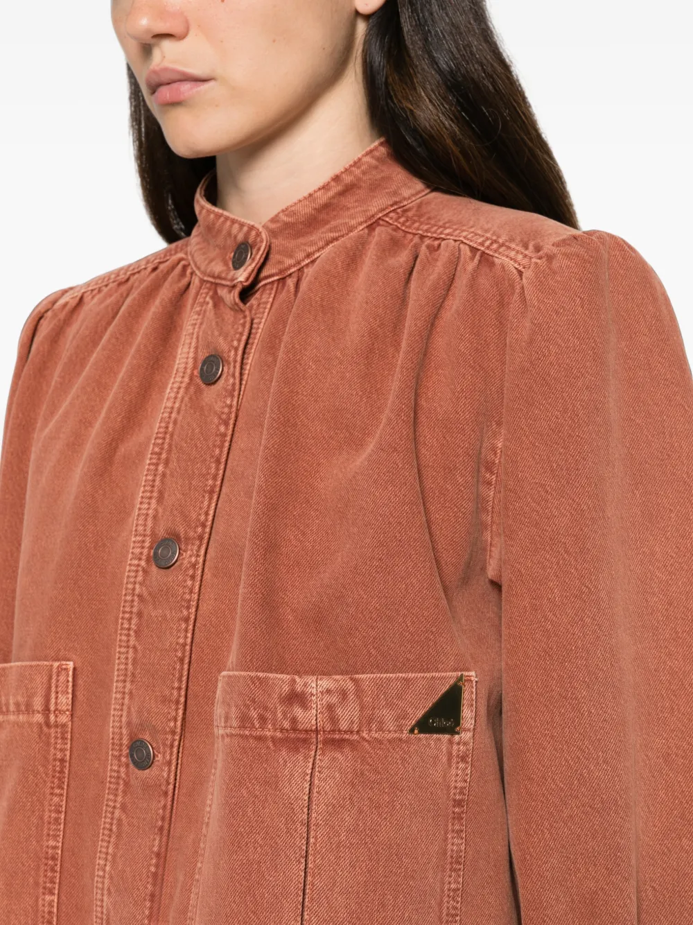 Chloé Gesmockt denim jack met hoge hals Bruin