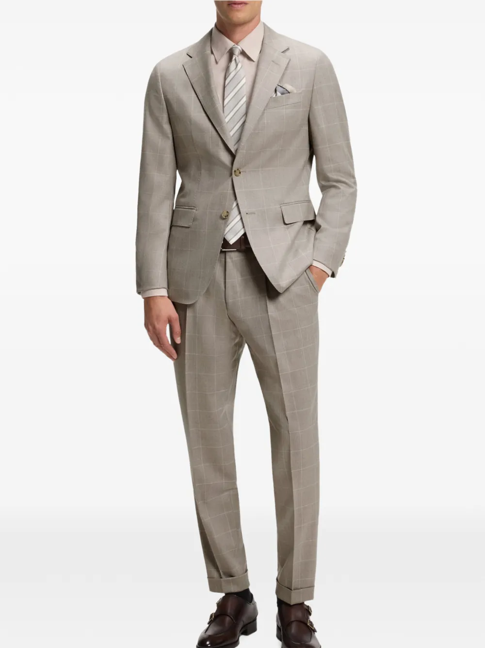 BOSS Tweekleurig slim-fit pak van geruite Italiaanse wol Beige