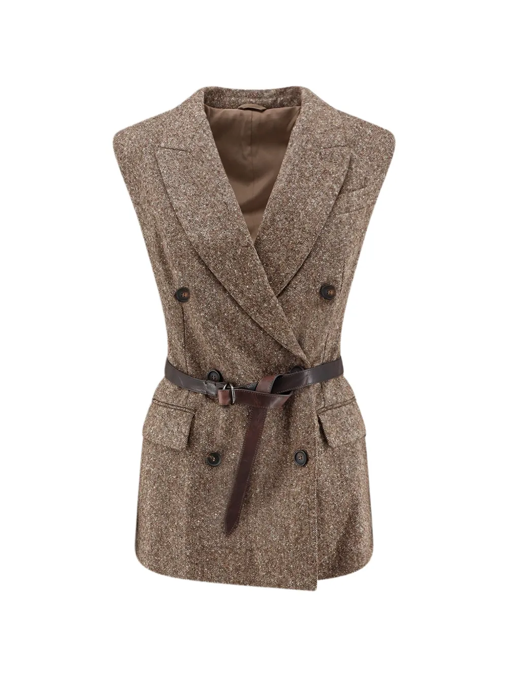 Brunello Cucinelli Belted Double-breasted Waistcoat In Brown