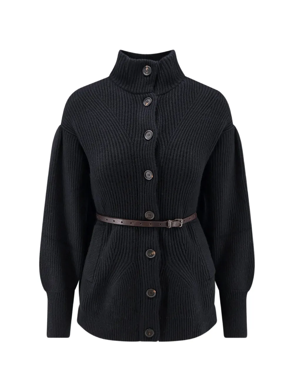 Brunello Cucinelli Cardigan a coste con cintura - Nero