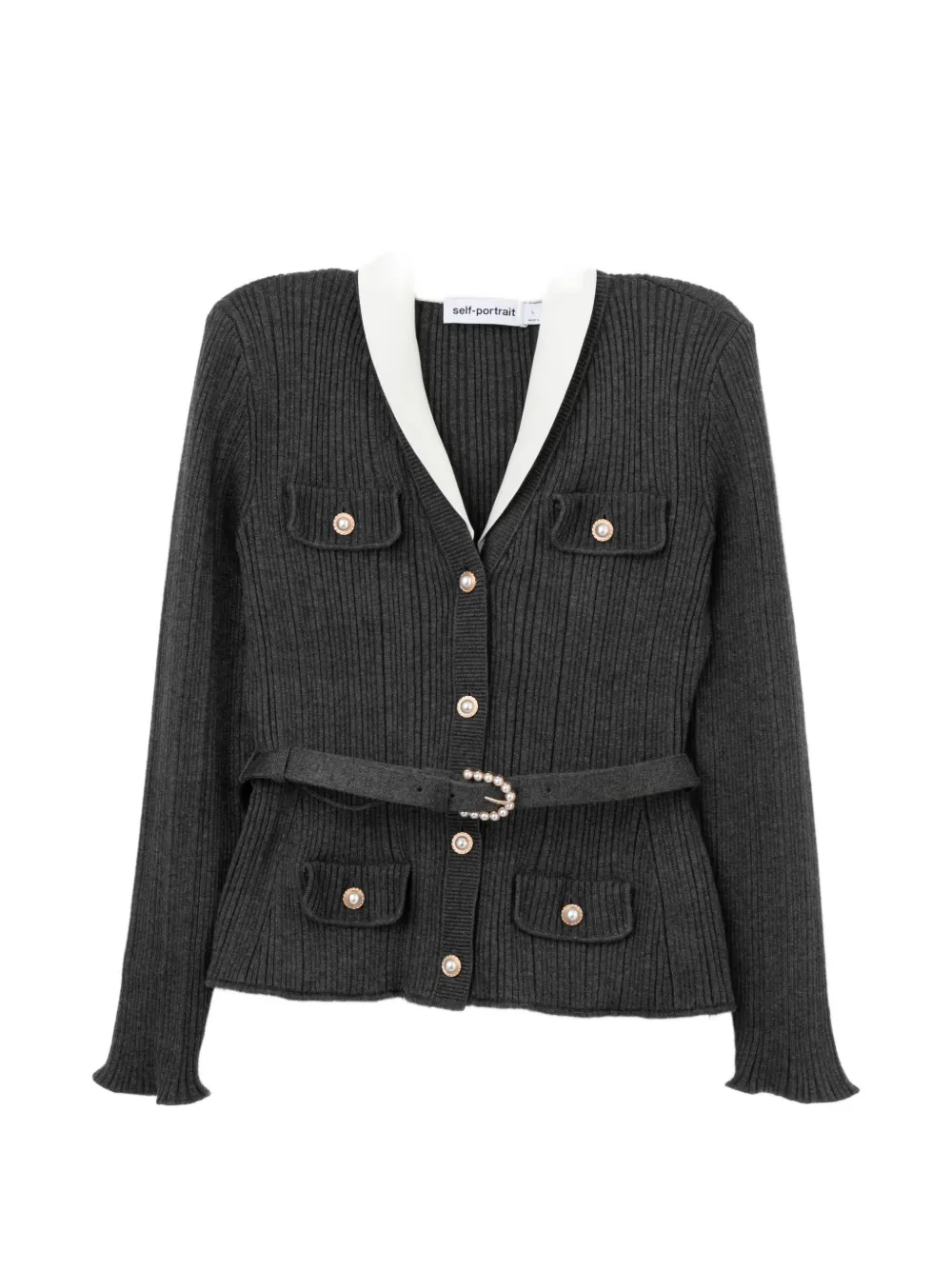 Self-Portrait belted ribbed-knit cardigan - Grau