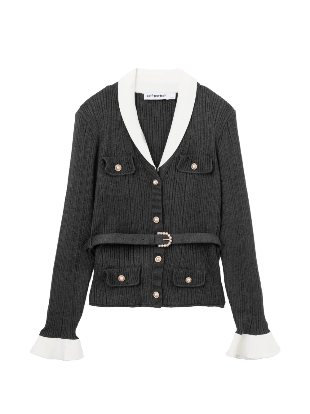 Self-Portrait belted ribbed-knit cardigan - Grigio