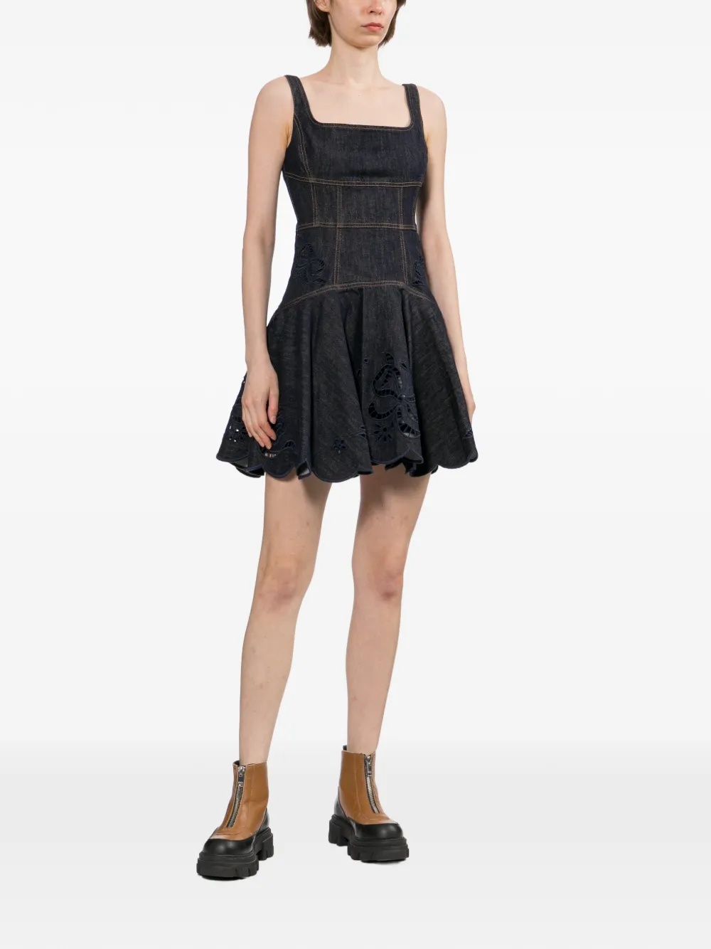 Self-Portrait Broderie anglaise mini-jurk met vlakken Blauw