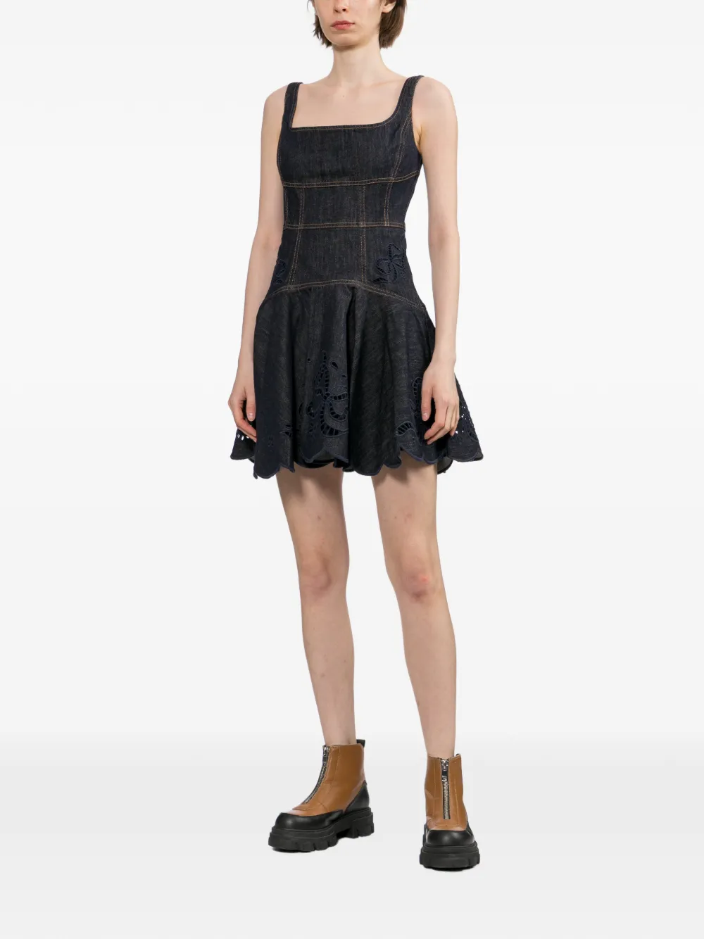 Self-Portrait Broderie anglaise mini-jurk met vlakken Blauw