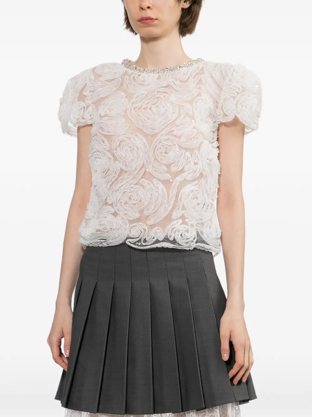 Self-Portrait Blouse verfraaid met kristallen en bloemen-applicatie Wit