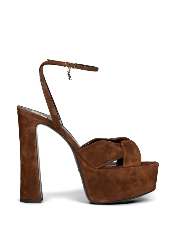 Saint Laurent Cassandre-charm Cross-over Sandals in Brown