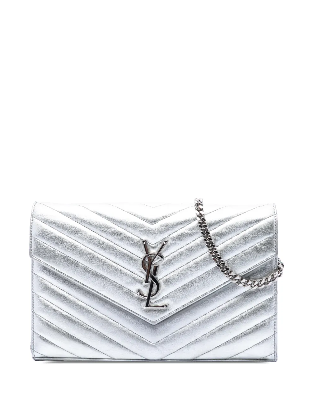 Saint Laurent Pre-Owned 2016 Metallic Calfskin Matelasse Chevron Monogram Chain Wallet crossbody bag - Argento