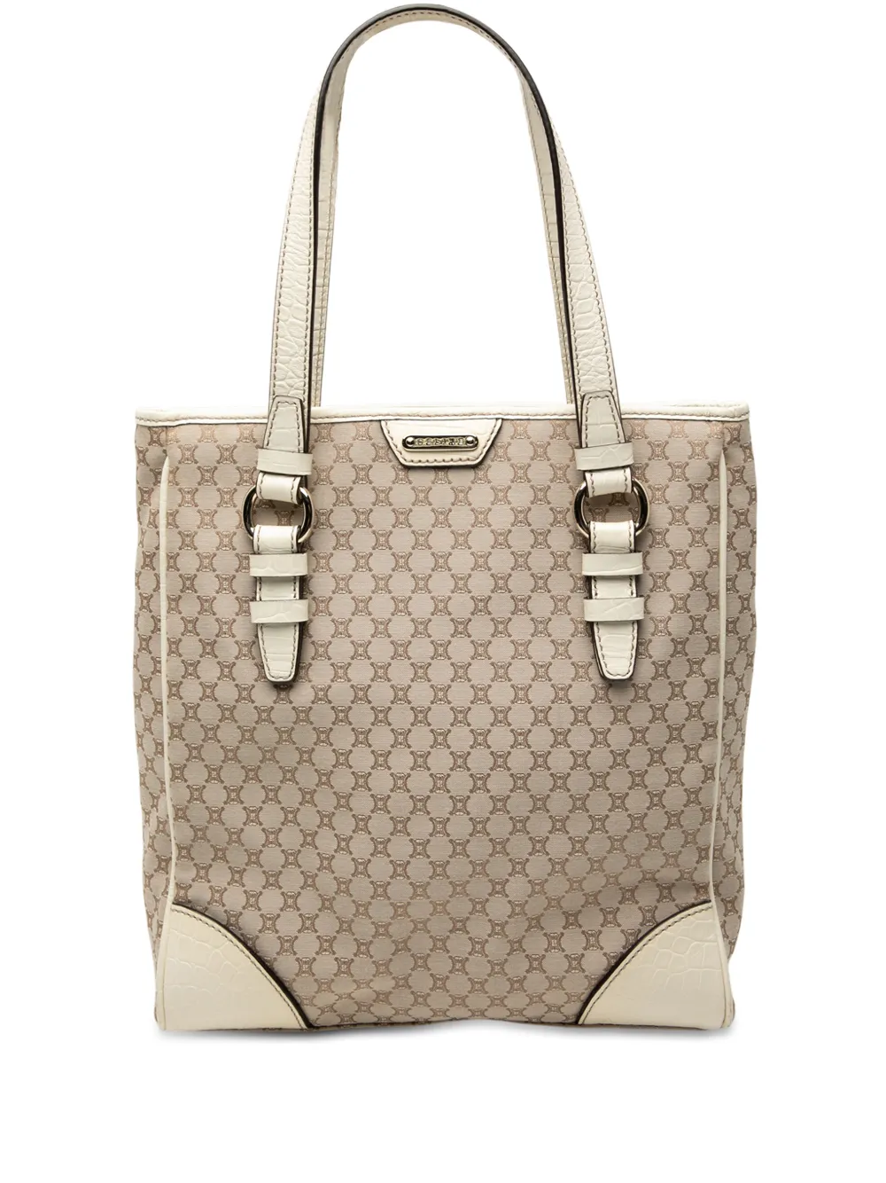 Celine Pre-Owned 2008 Croc Embossed Leather Trimmed Macadam Canvas tote bag - White