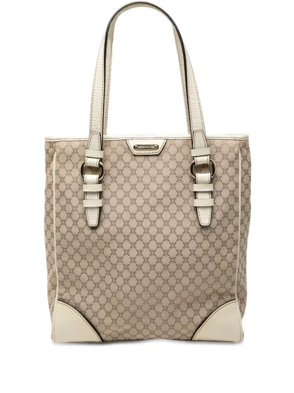 Celine Pre-owned 2008 Croc Embossed Leather Trimmed Macadam Canvas Tote Bag in White