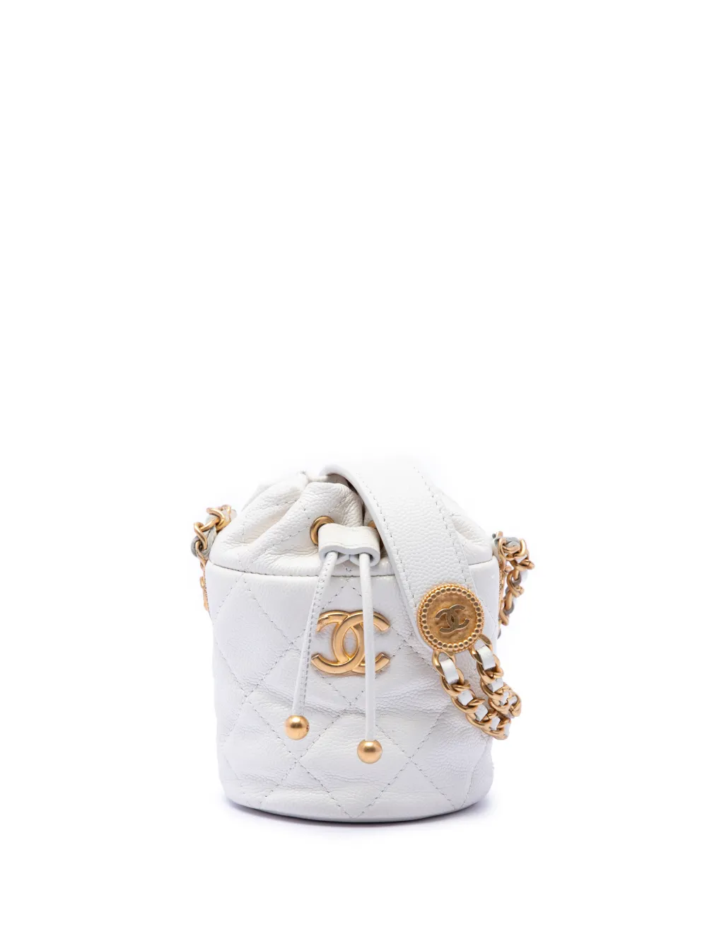 CHANEL Pre-Owned 2021-2026 Mini Quilted Caviar Twist Your Buttons Drawstring bucket bag - Bianco