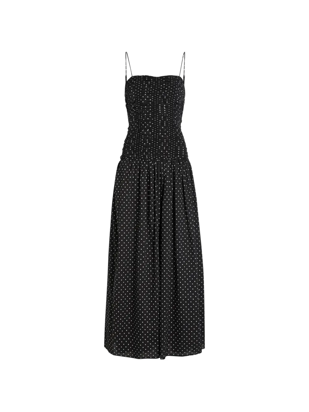 Faithfull Mira Polka-dot Ruched Maxi Dress In Black