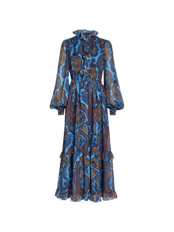 etro blue dress Ruffled paisley-print Maxi | Fit and flare fit