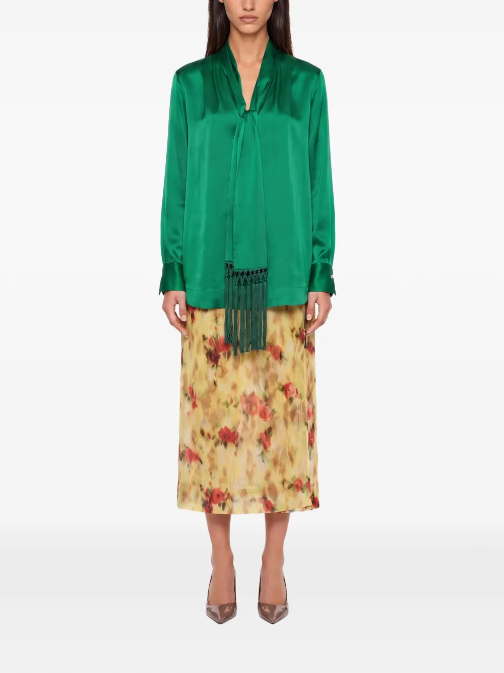 Forte fringe-trim silk blouse Groen
