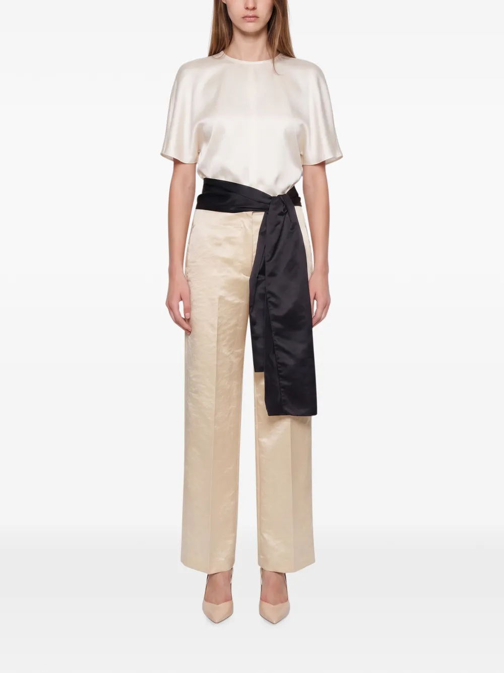 Forte Bias straight broek met gestrikte taille en satijnen afwerking Beige