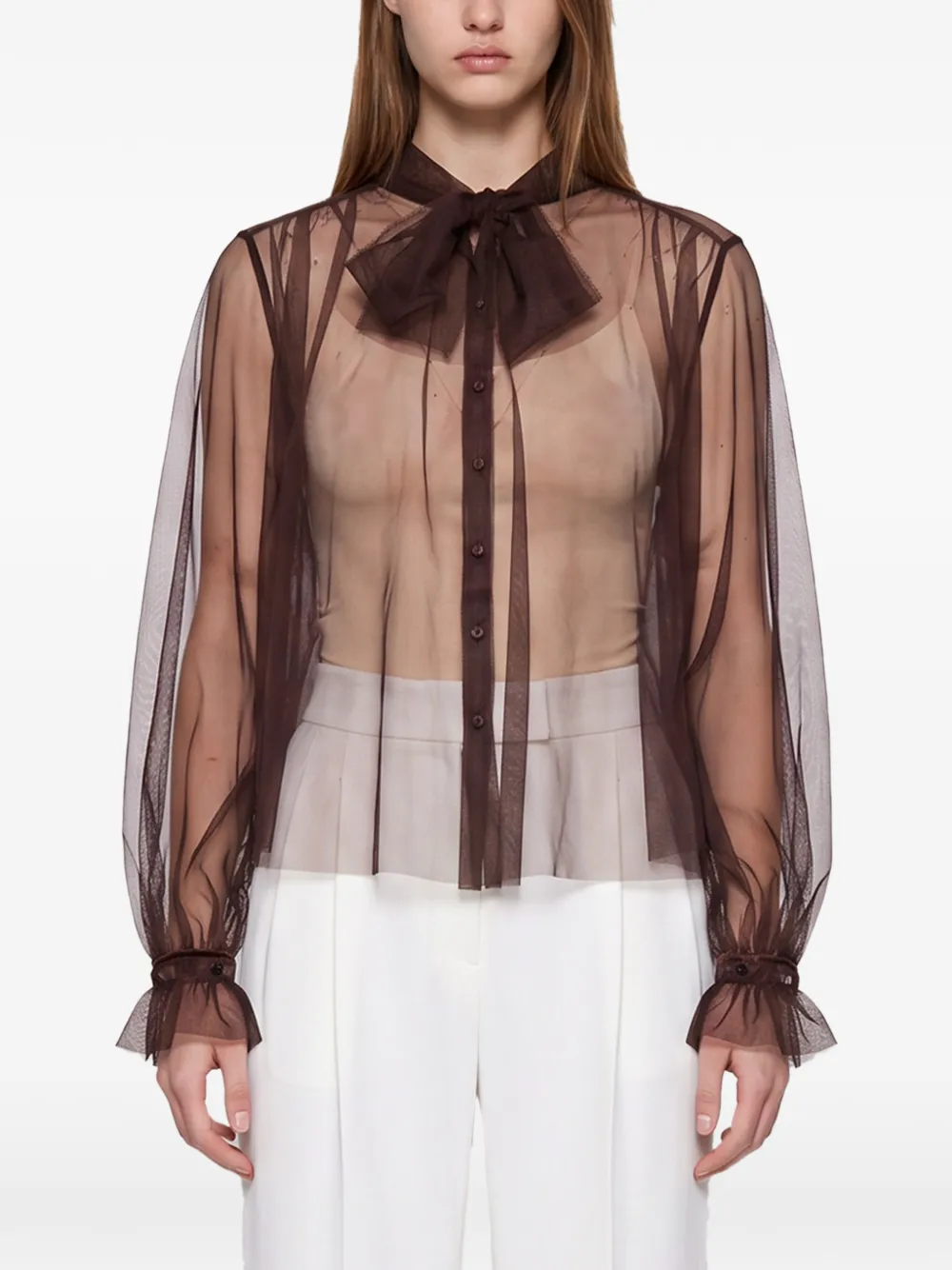 Forte Doorzichtige blouse met gestrikte hals Bruin