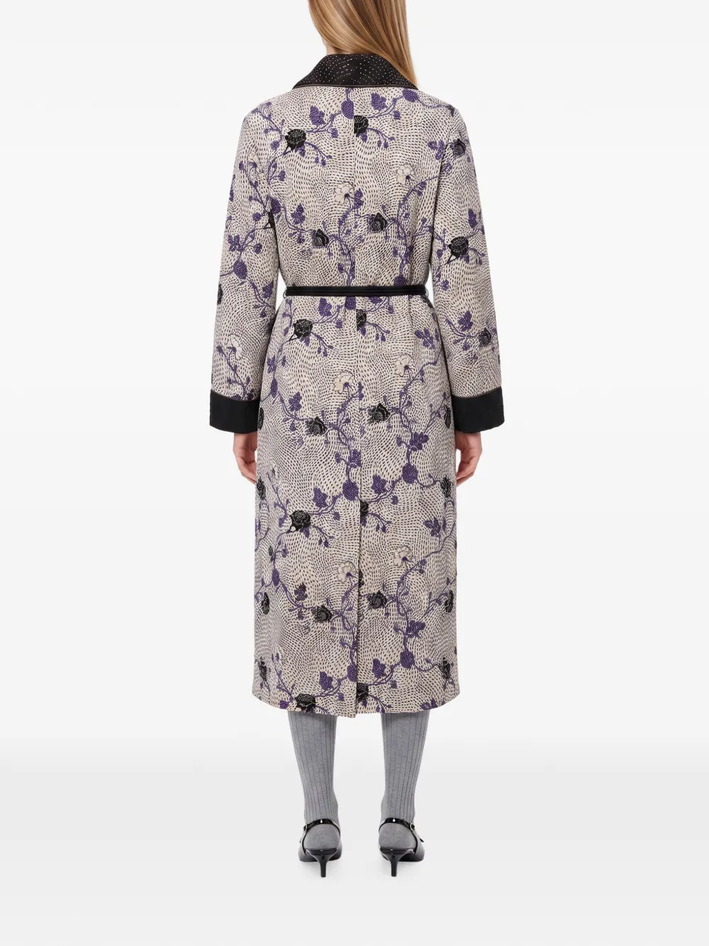 Forte Cherry Blossom jas met bloemenprint en ceintuur Beige