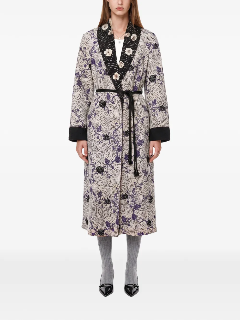 Forte Cherry Blossom jas met bloemenprint en ceintuur Beige