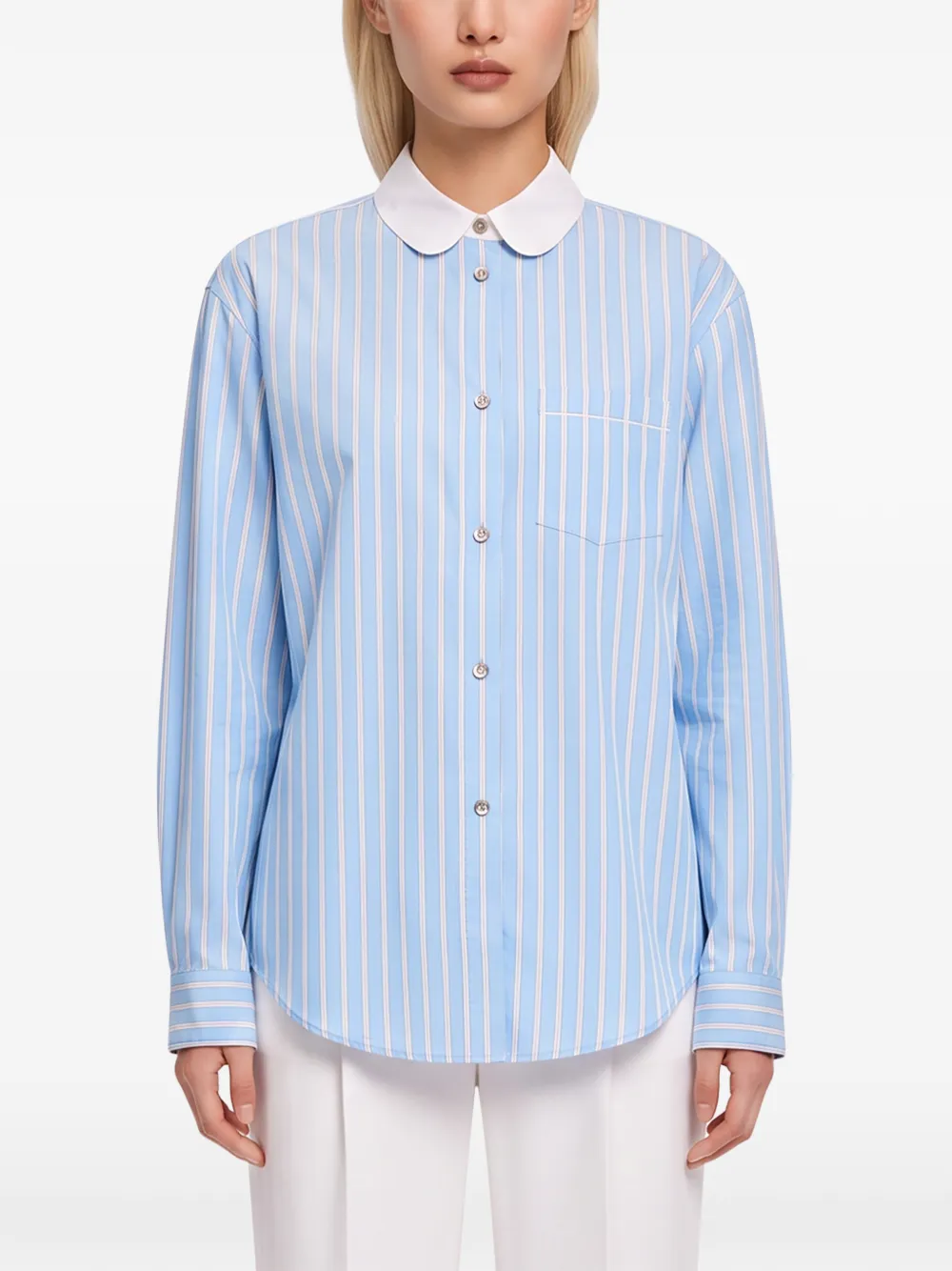 Forte Blouse met gestreepte Peter Pan kraag Blauw