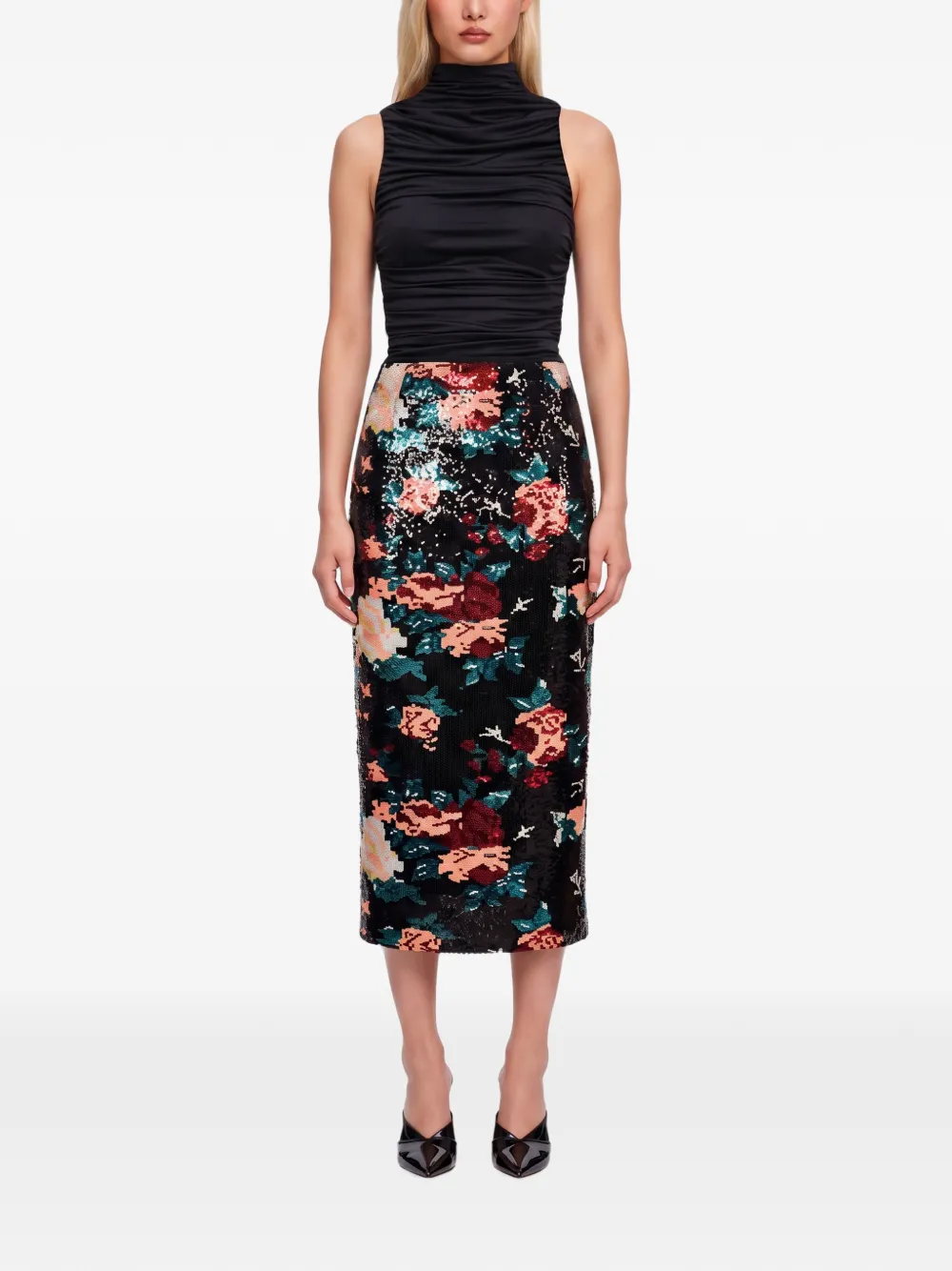 Forte sequin-embellished floral-print midi skirt Zwart